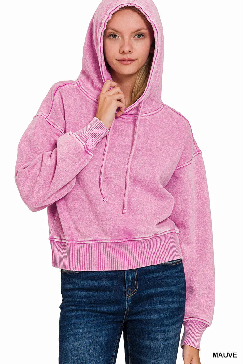 Zenana Acid Wash Fleece Drawstring Cropped Hoodie - SwagglyLife Home & Fashion